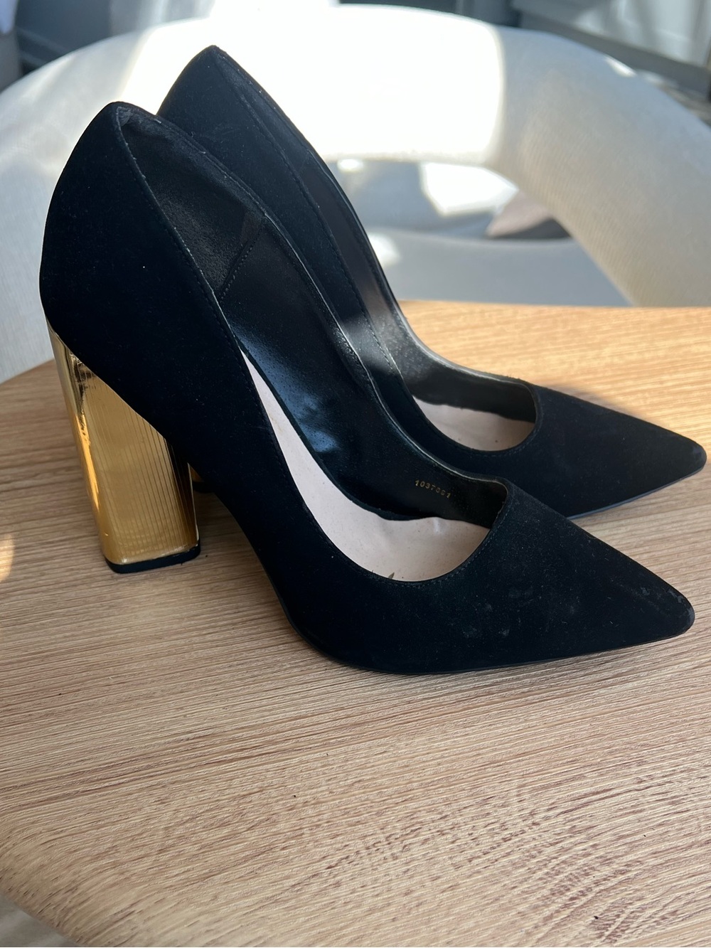 Charlotte Russe Black Pointed Pumps with Gold Block Heel